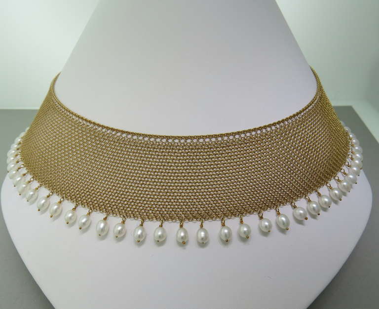 Tiffany & Co. Elsa Peretti Gold Mesh Pearl Necklace In Excellent Condition In Lambertville, NJ
