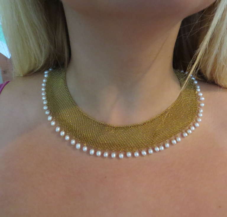 Tiffany & Co. Elsa Peretti Gold Mesh Perlenkette mit Perlen-Halskette 3