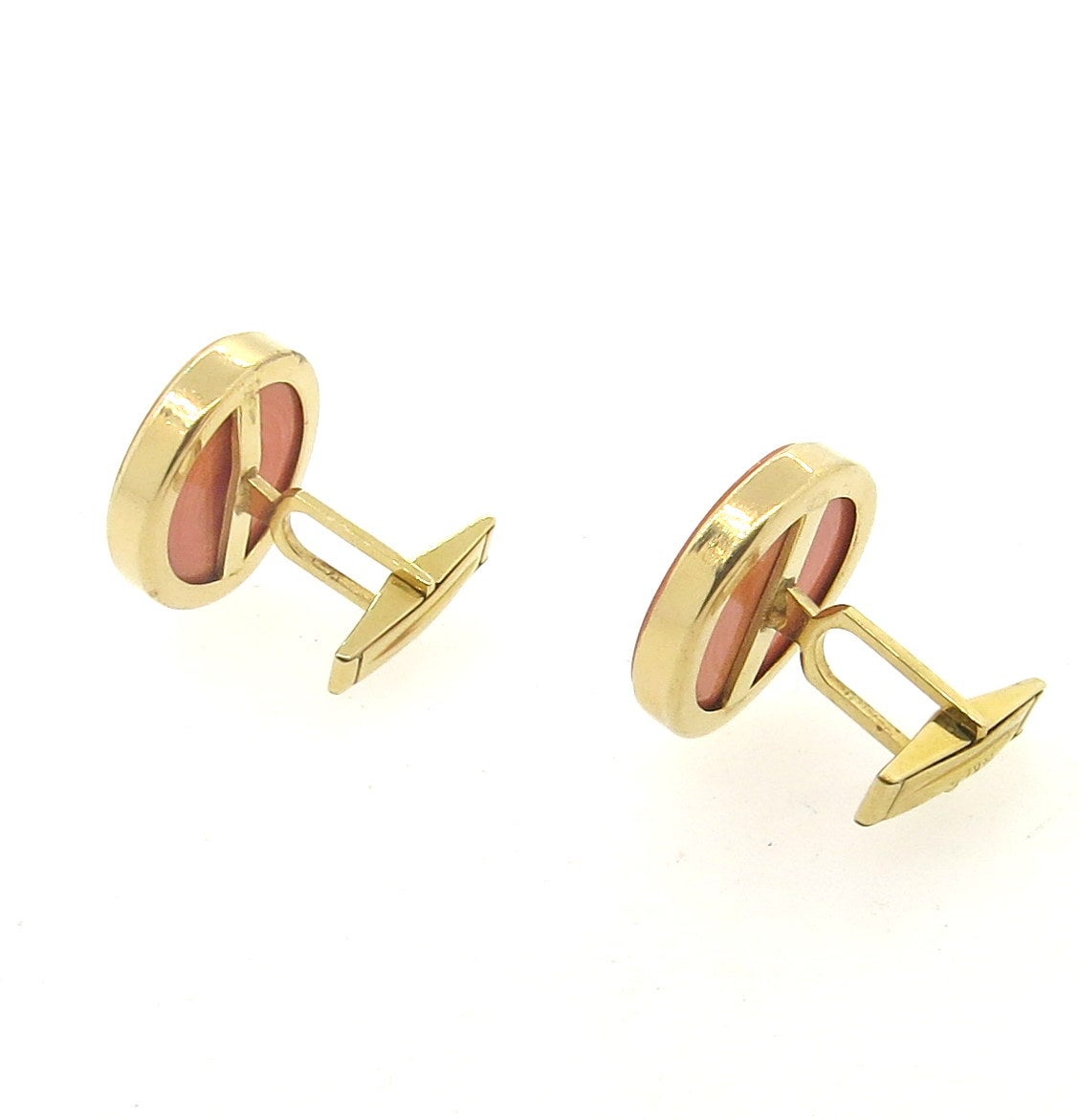Large 14k yellow gold cufflinks, set with coral gemstones. Cufflink top measures 21mm x 21mm. Weight - 13 grams