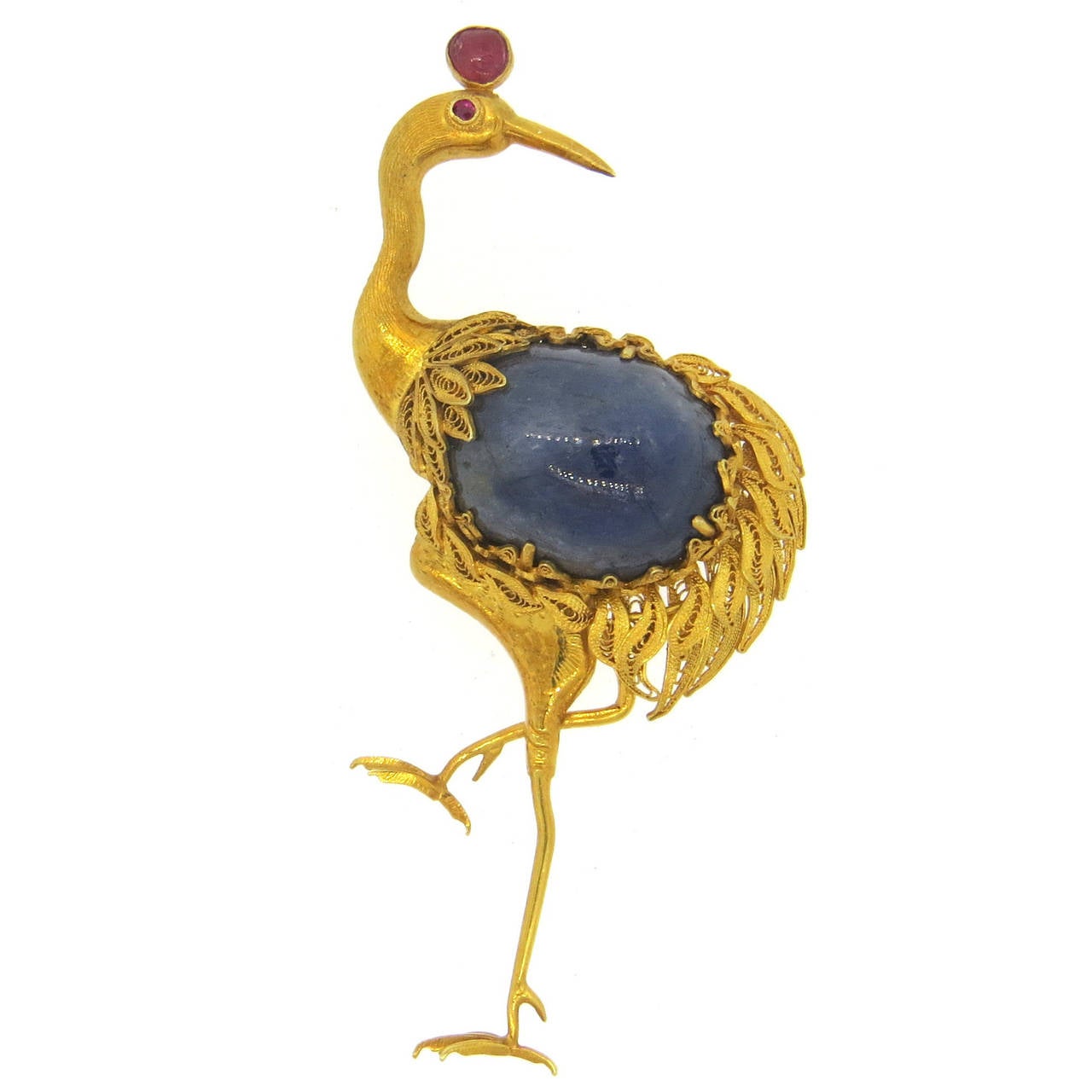 Whimsical Sapphire Ruby Gold Crane Brooch Pin