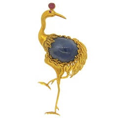 Whimsical Sapphire Ruby Gold Crane Brooch Pin