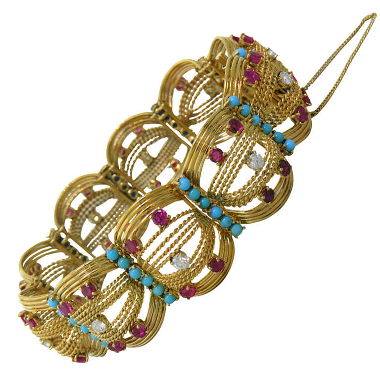 Spritzer and Furman Turquoise Ruby Diamond Gold Bracelet