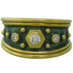 Elizabeth Gage Green Enamel Diamond Gold Ring