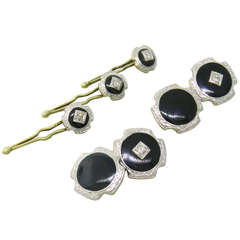 Art Deco Gold Platinum Diamond Onyx Cufflink Stud Dress Set 2