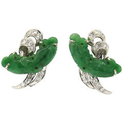 Fine Carved Jade Diamond Gold Earrings