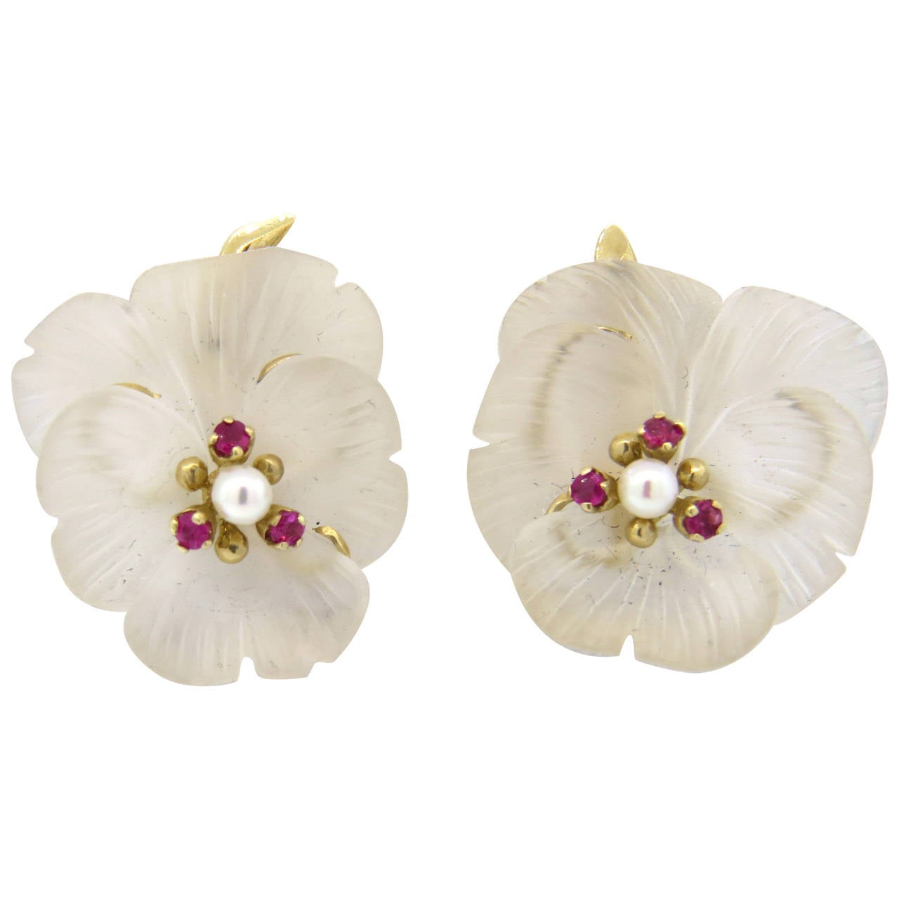 Retro Crystal Pearl Ruby Gold Flower Earrings