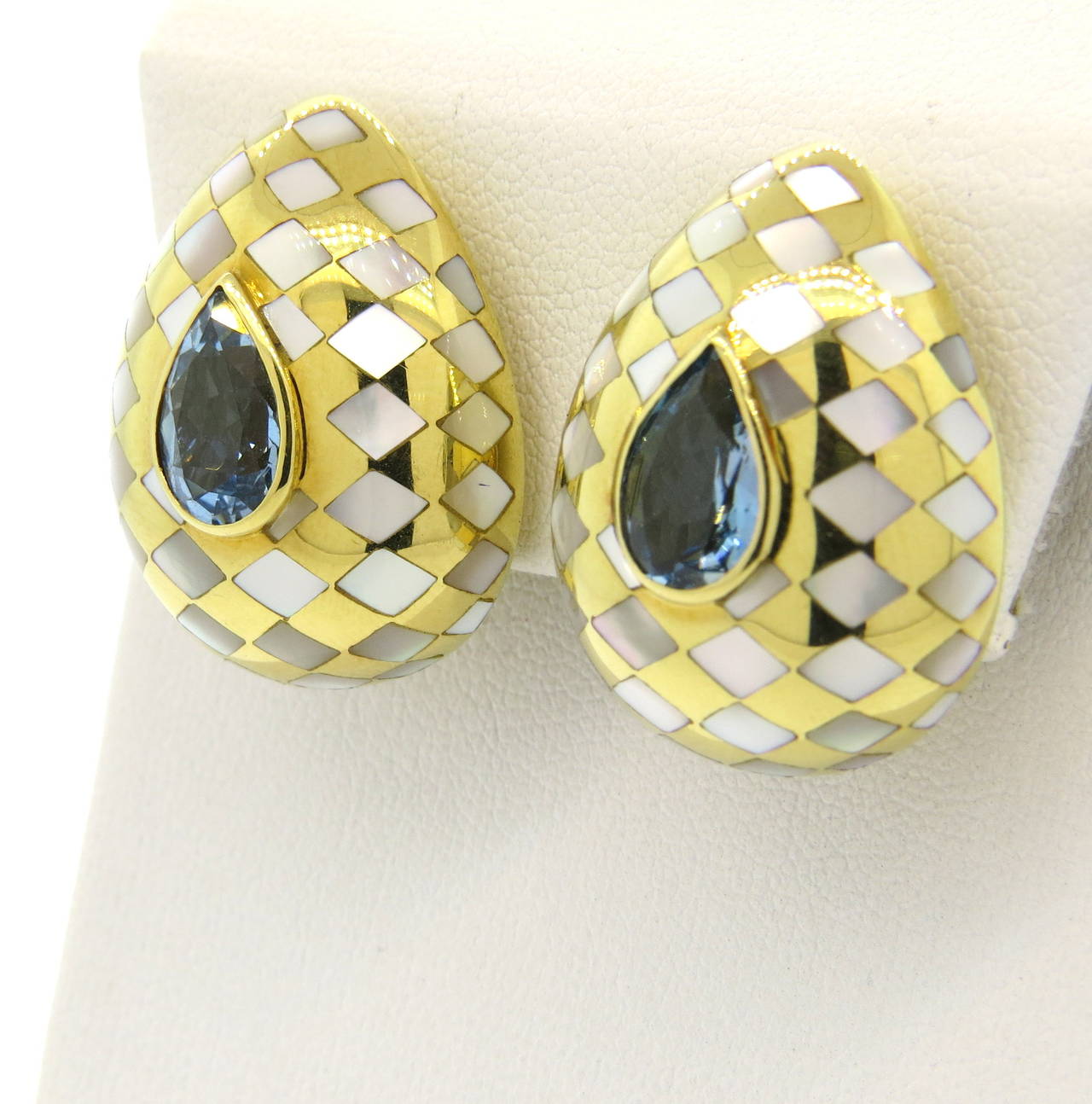 Angela Cummings Aquamarine Mother of Pearl Gold Earrings In Excellent Condition In Lambertville, NJ