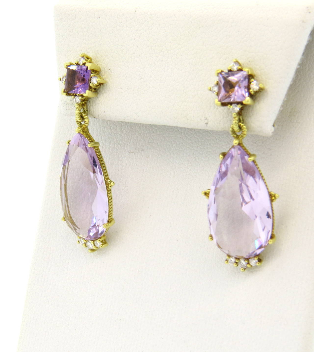 Judith Ripka Amethyst Diamond Gold Drop Earrings