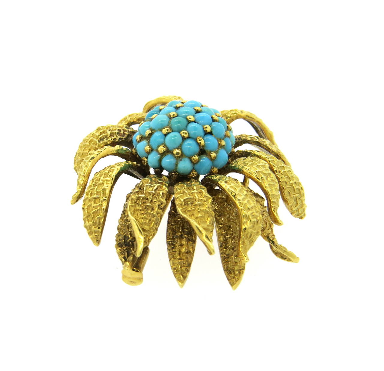 1960s Turquoise Gold Flower Brooch Pin In Excellent Condition In Lambertville, NJ