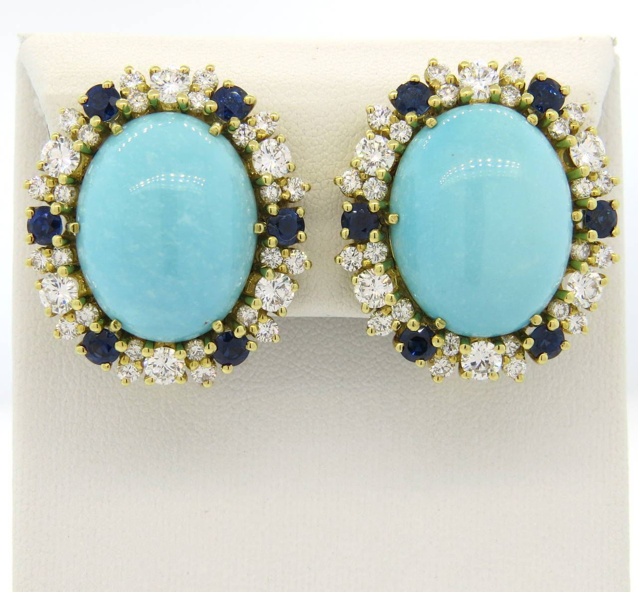 Impressive Sapphire Turquoise Diamond Gold Earrings 2