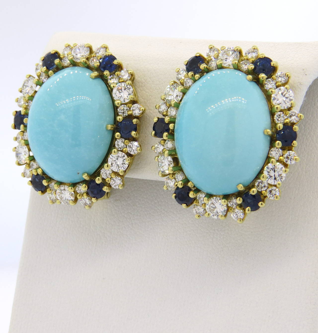 Impressive Sapphire Turquoise Diamond Gold Earrings 1