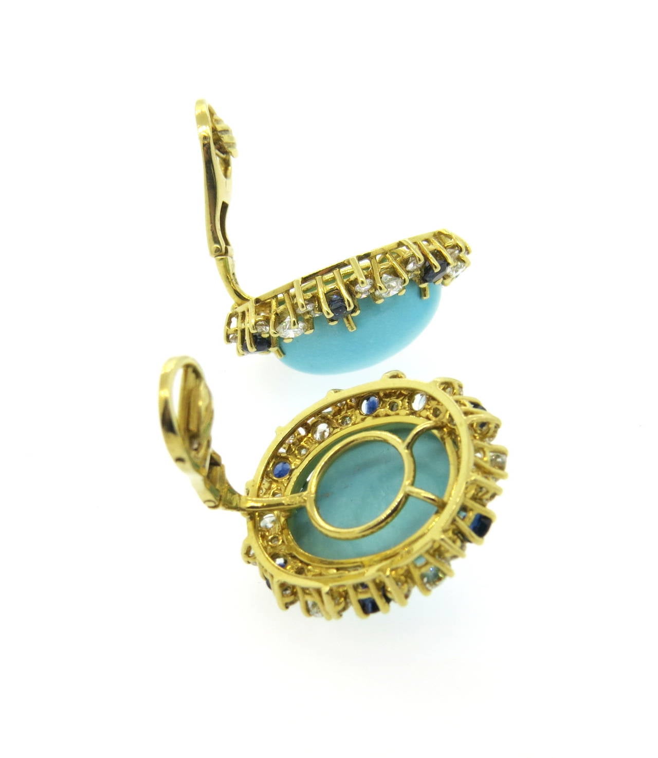 Impressive Sapphire Turquoise Diamond Gold Earrings In Excellent Condition In Lambertville, NJ