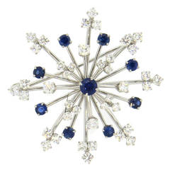 Vintage Fine Sapphire Diamond Platinum Snowflake Brooch Pin