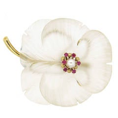Retro Rock Crystal Pearl Ruby Gold Flower Brooch Pin