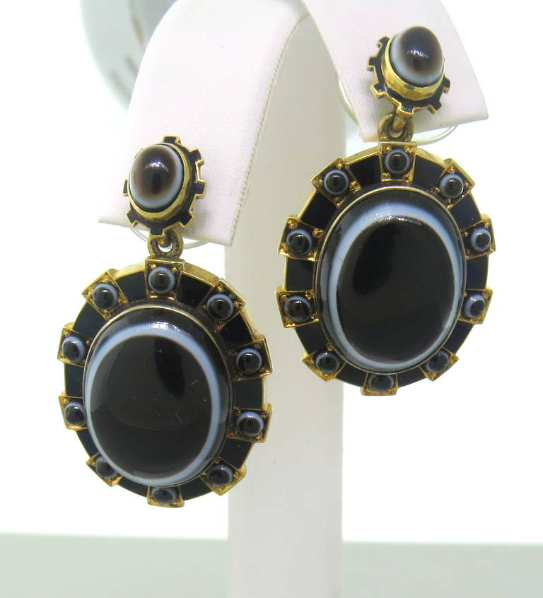 Circa 1870 Victorian earrings set in 15k gold ,featuring banded agate stones and black enamel. Earrings measure 32mm x 20mm. weight of the earrings - 15.8 gr