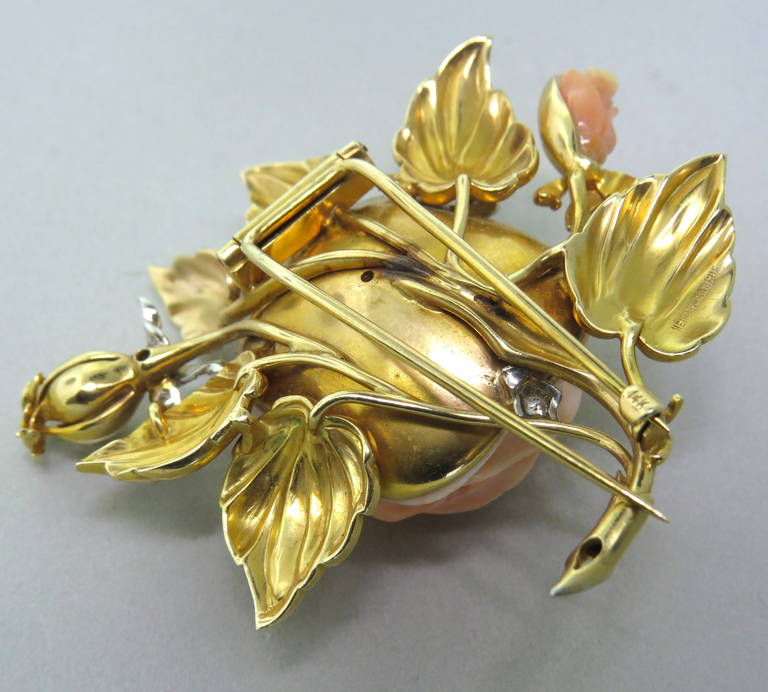 1950s Neiman Marcus Carved Coral Diamond Gold Brooch at 1stDibs ...