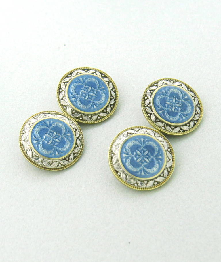 Art Deco 14k white and yellow gold cufflinks,decorated with blue guilloche enamel. Cufflink top is 14.2mm in diameter. weight - 7.9gr