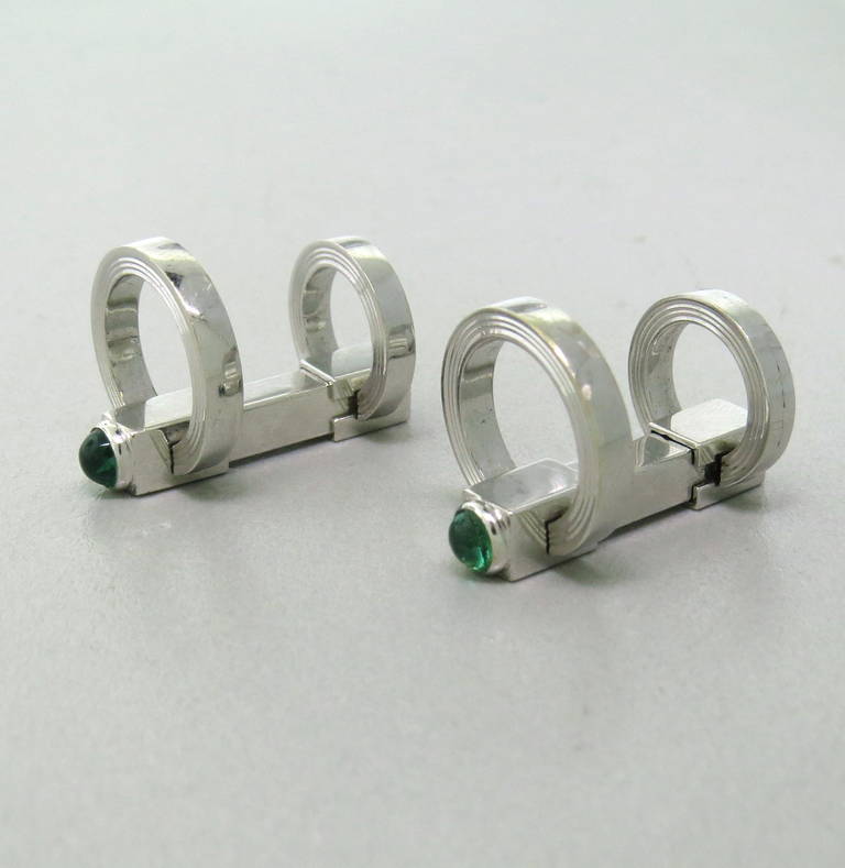 Retro Emerald Gold Cabochon Cufflinks In Excellent Condition In Lambertville, NJ