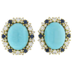 Impressive Sapphire Turquoise Diamond Gold Earrings