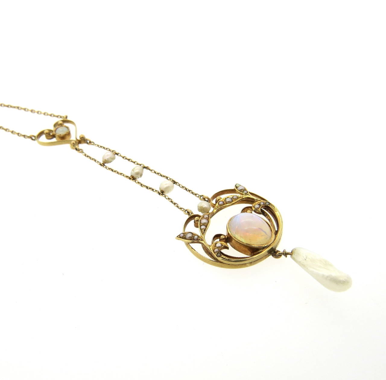 Victorian Natural Pearl Opal Gold Pendant Necklace In Excellent Condition For Sale In Lambertville, NJ