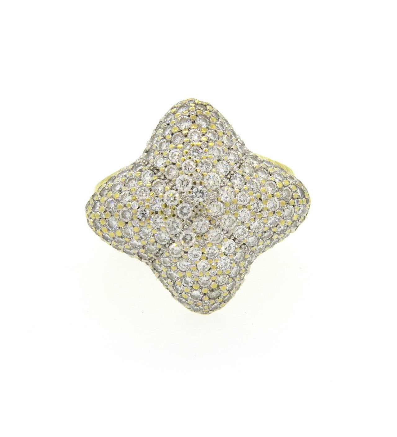 An 18k yellow gold ring set with 1.92ctw of G/VS diamonds.  Crafted by David Yurman for the Quatrefoil collection, the ring is a size 6.75 and the top of the ring measures 23mm x 23mm.  The weight of the ring is 14.3 grams.  The ring currently