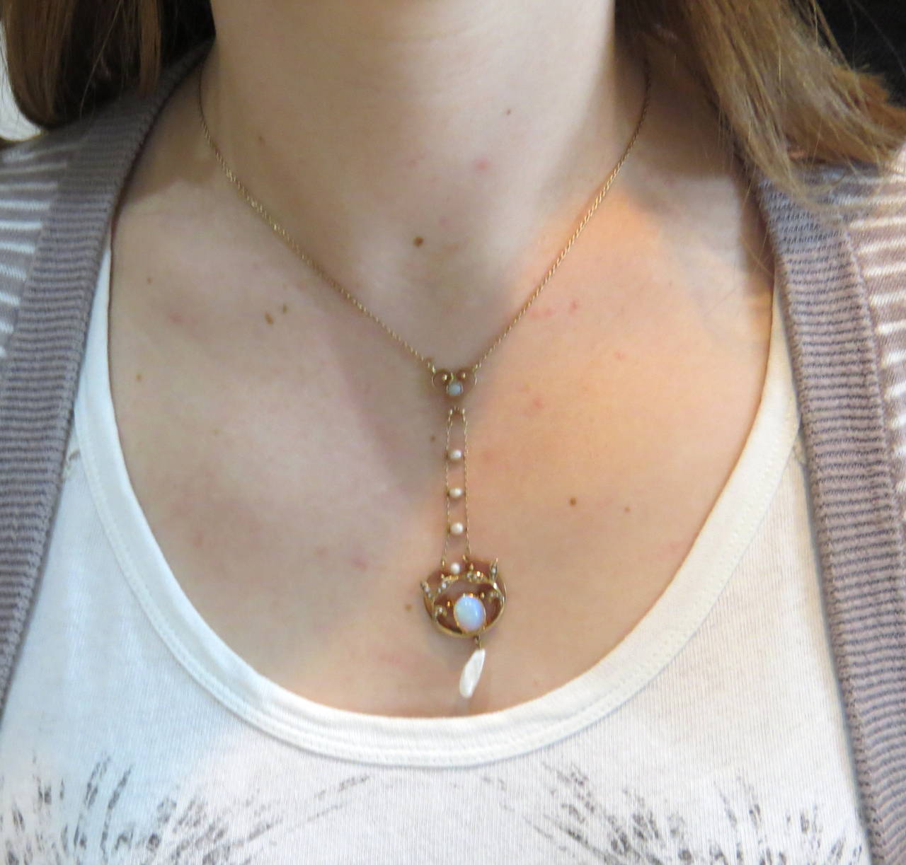 Women's Victorian Natural Pearl Opal Gold Pendant Necklace For Sale