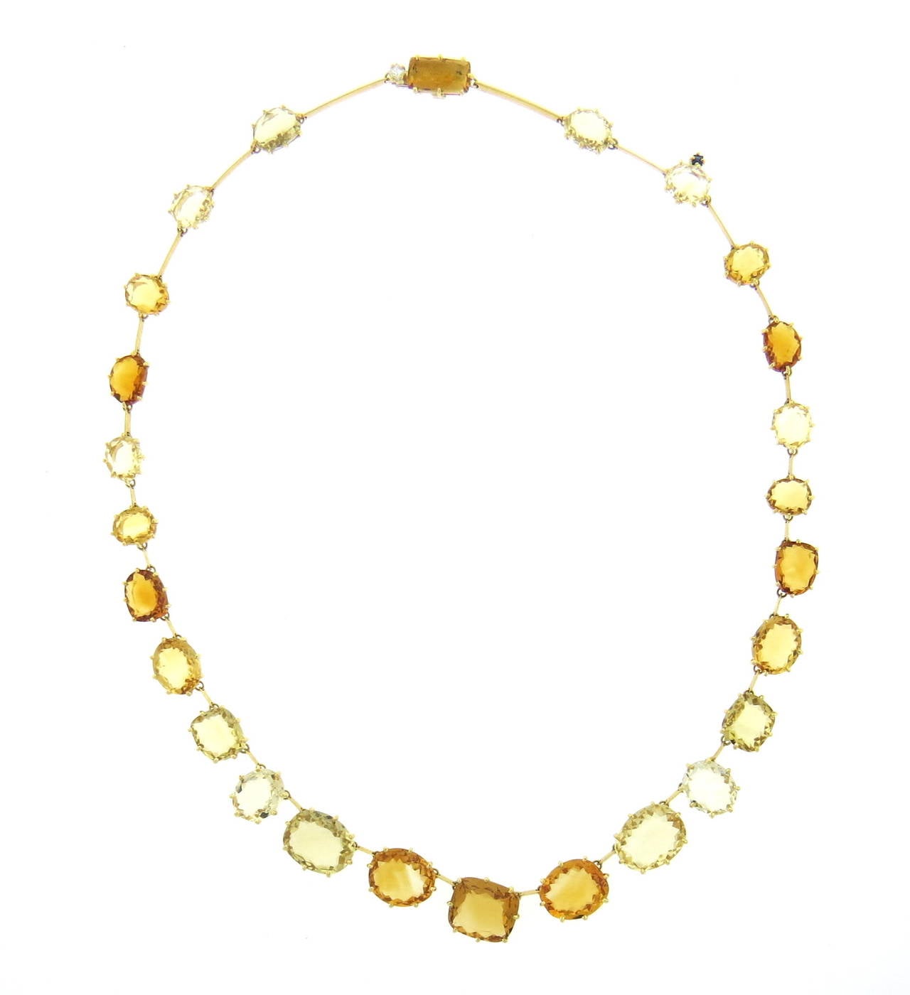 Beautiful 18k gold necklace, crafted by H Stern for Sunrise collection, set with lemon and orange faceted citrines and a diamond on the clasp. Necklace is 16 1/2