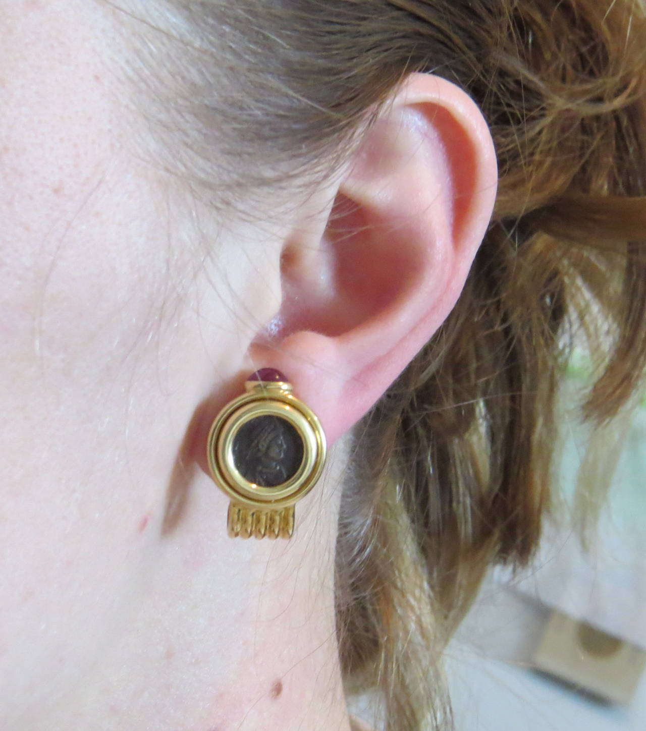 Bulgari Ruby Gold Ancient Coin Earrings At 1stdibs 18k Gold Earrings Crafted By Bulgari Set With Ruby Cabochons And 10mm Ancient Coin