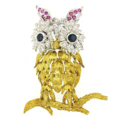 1960s Gold Ruby Sapphire Diamond Owl Brooch Pin