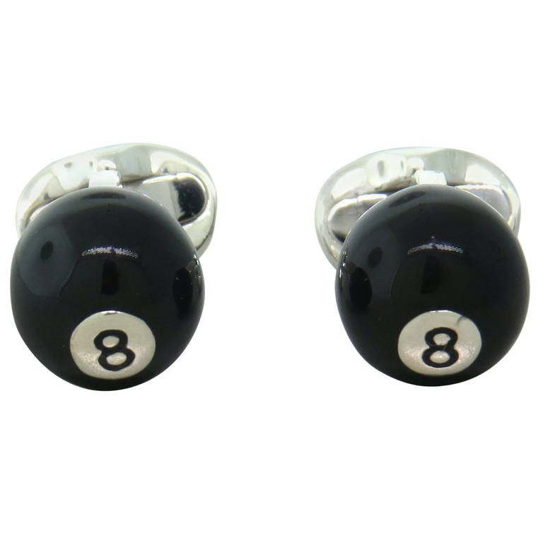 Deakin & Francis Sterling Silver Black Enamel 8 Ball Cufflinks For Sale