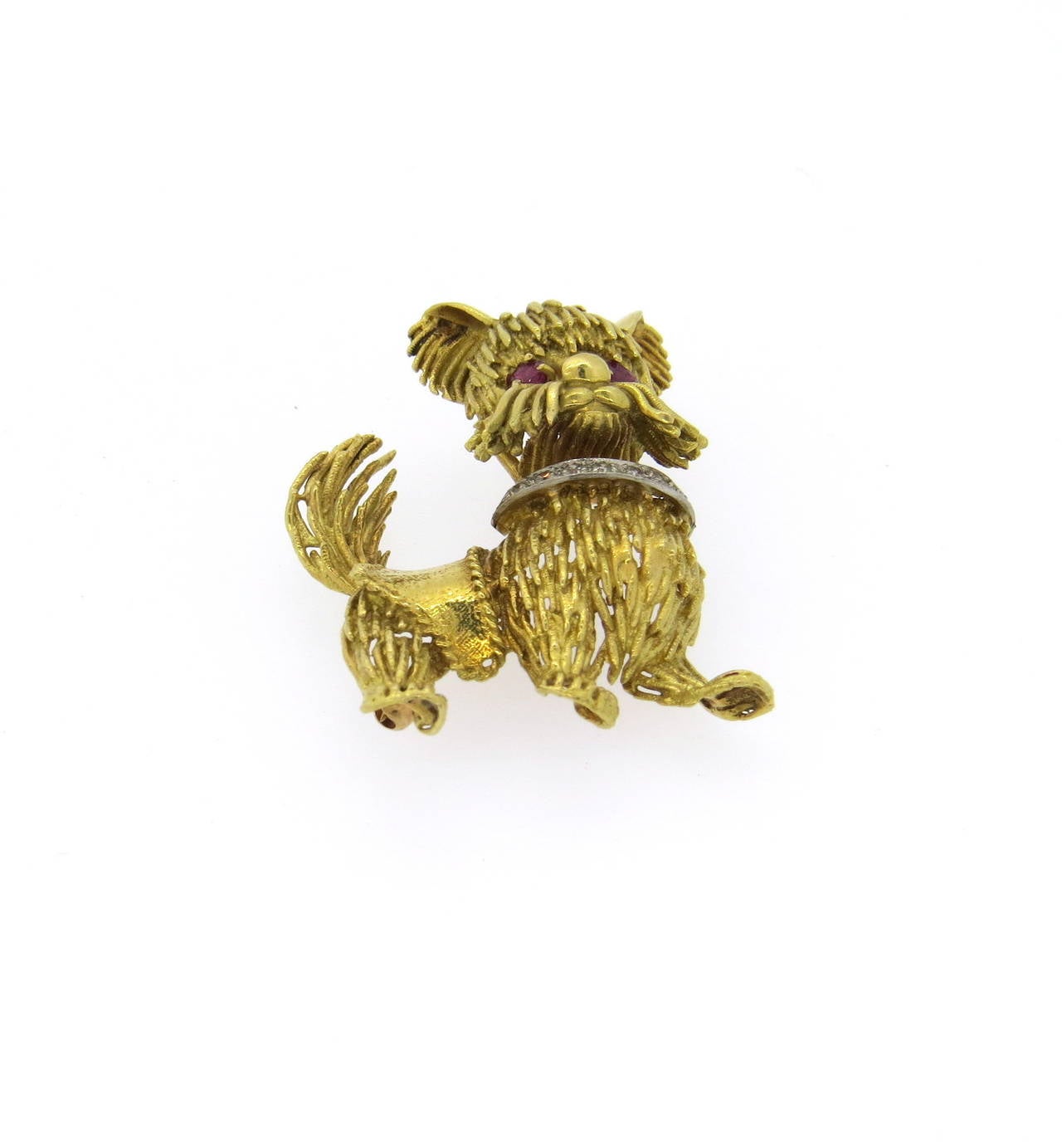 1960s Diamond Ruby Gold Dog Brooch Pin In Excellent Condition In Lambertville, NJ