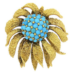 1960s Turquoise Gold Flower Brooch Pin