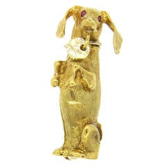 Vintage Adorable Ruby Gold Dachshund Dog Brooch Pin