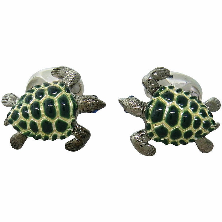 Deakin 
Francis Sterling Silver Sapphire Enamel Turtle Cufflinks For Sale
