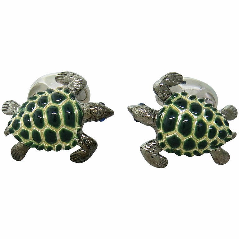 Boutons de manchette tortue en argent sterling, émail et saphir Deakin & Francis en vente