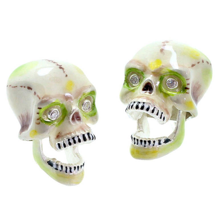 Deakin & Francis Sterling Silver Enamel Diamond Skull Cufflinks For Sale