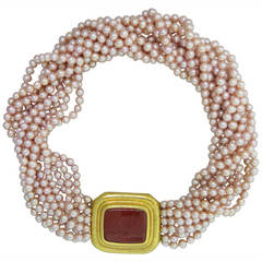 Elizabeth Locke Carnelian Intaglio Pearl Gold Torsade Necklace