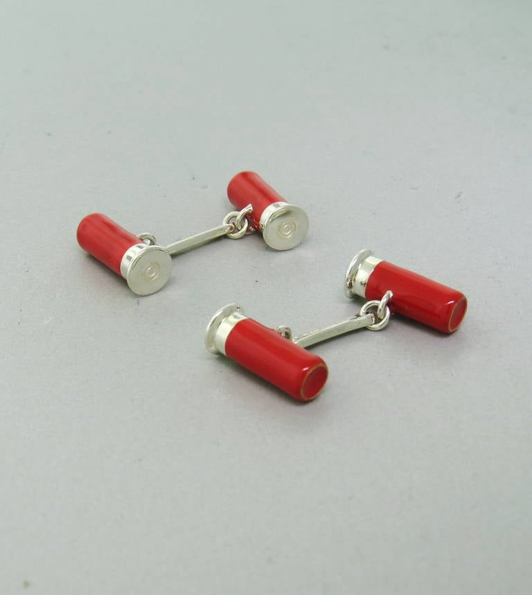 Brand new Deakin & Francis sterling silver enamel red cartridge cufflinks. Come with original box and papers. Cufflinks measure 15mm x 6mm, weight - 11.8gr