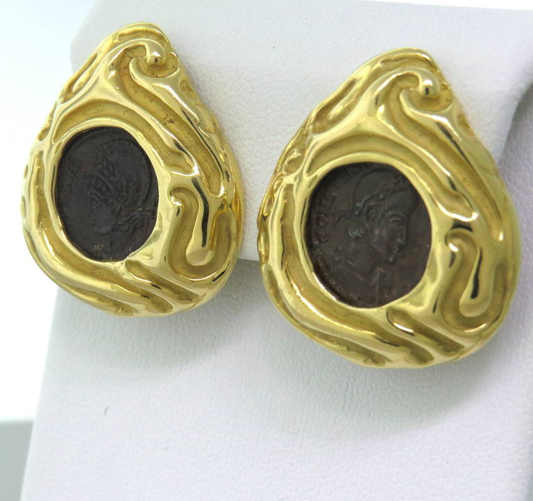 18k Yellow Gold Earrings Featuring Two Bezel Set Ancient Coins.  Earrings measure 31mm x 28mm and weigh 38.5 grams.