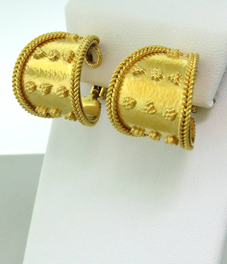 22k Yellow Gold Greek Hoop Earrings By Zolotas.  Earrings Measure 22.5mm x 22mm.  The earrings weigh 28.9 grams.