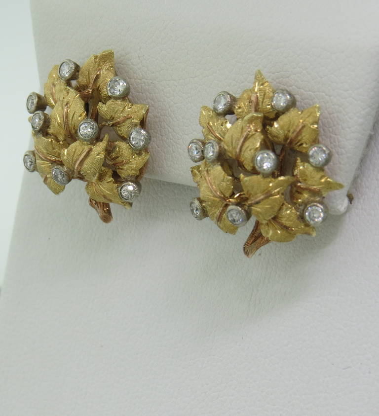 Mario Buccellati Diamond Gold Leaf Earrings In Excellent Condition In Lambertville, NJ