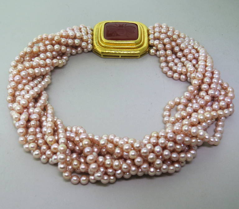 Elizabeth Locke Carnelian Intaglio Pearl Gold Torsade Necklace In Excellent Condition In Lambertville, NJ