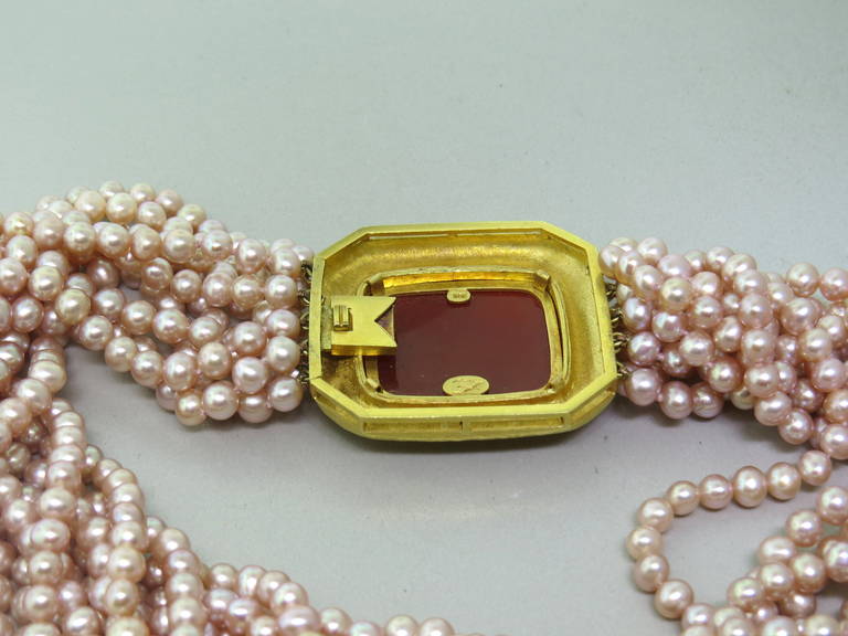 Elizabeth Locke Carnelian Intaglio Pearl Gold Torsade Necklace 1