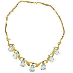 1950s Aquamarine Diamond Gold Drop Necklace