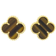 Van Cleef & Arpels Vintage Alhambra Tiger's Eye Gold Earrings
