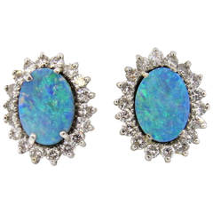 Vintage Australian Black Opal Diamond Gold Earrings