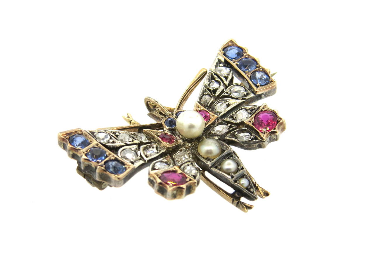 Women's Antique Rose Cut Diamond Ruby Pearl Sapphire Gold Butterfly Brooch Pin