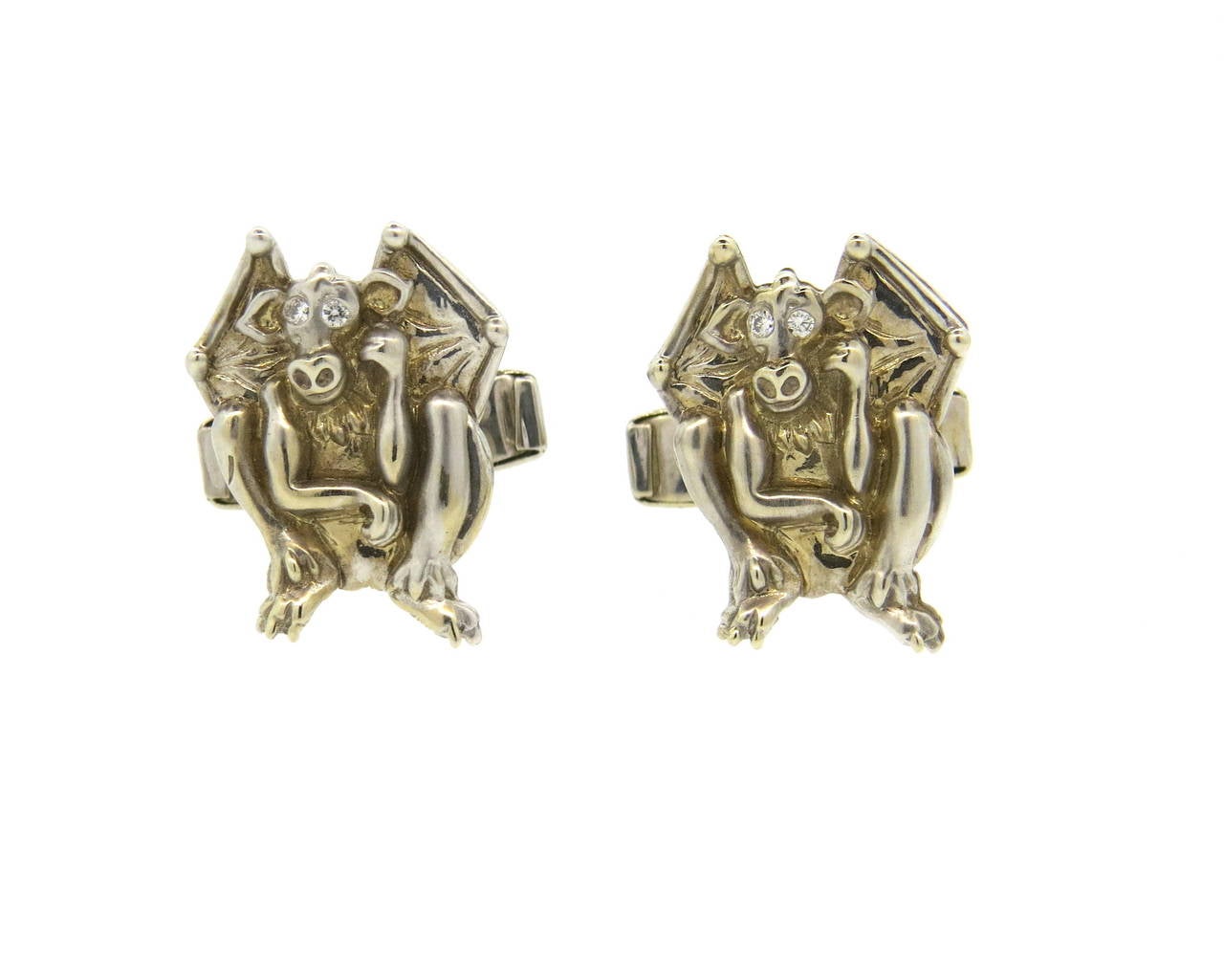 Lindsay & Co. Whimsical Diamond Gold Winged Goblin Cufflinks In Excellent Condition In Lambertville, NJ