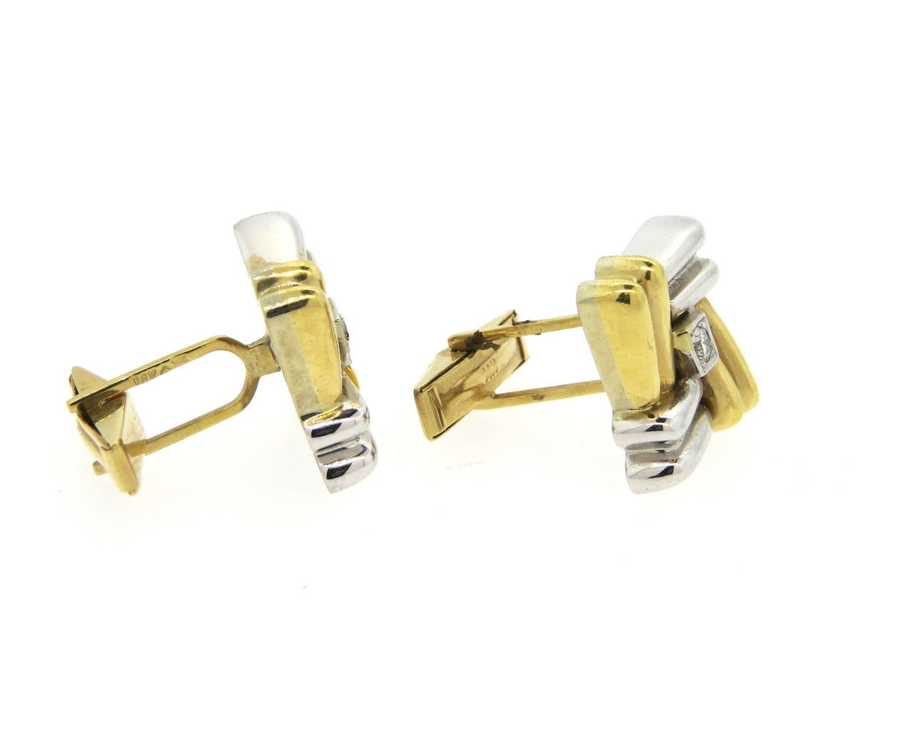 Classic Diamond Two Color Gold Cufflinks In Excellent Condition In Lambertville, NJ