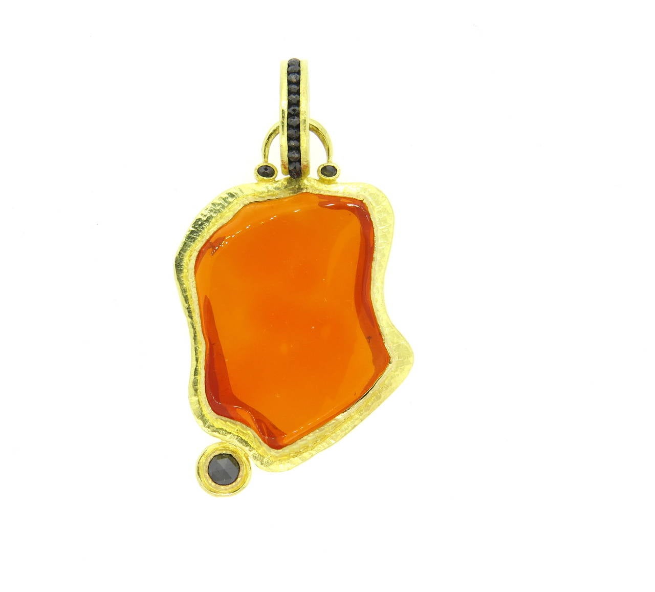 Unusual and impressive 18k gold large pendant, crafted by Hughes Bosca, set with jelly opal and black diamonds. Pendant measures 77mm with bale x 38mm. Marked Hughes Bosca and 18k. Weight of the piece - 33.7 grams